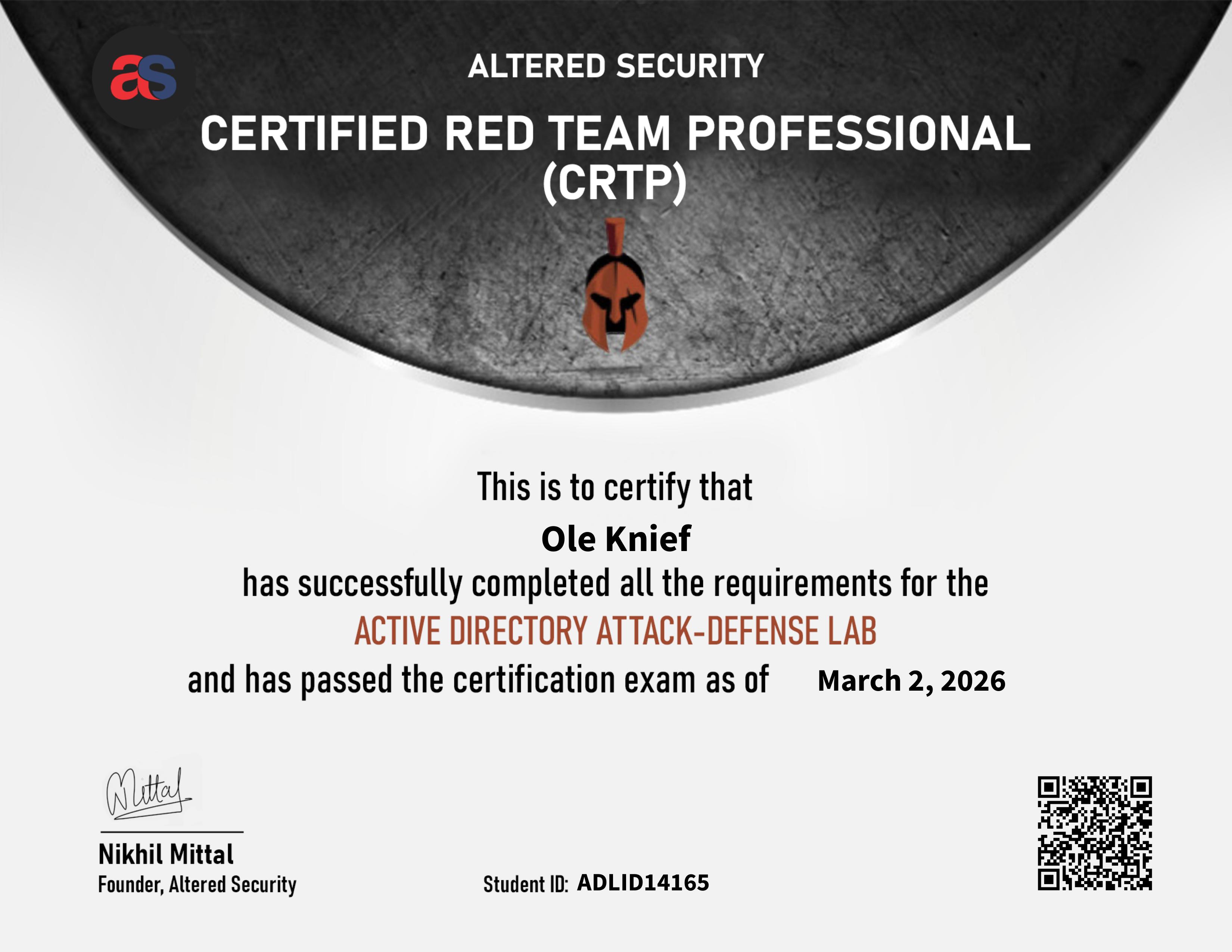 Certified Red Team Professional (CRTP)
